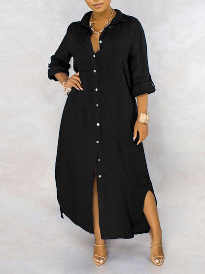 loveedsTM-Solid Button Maxi Shirt Dress