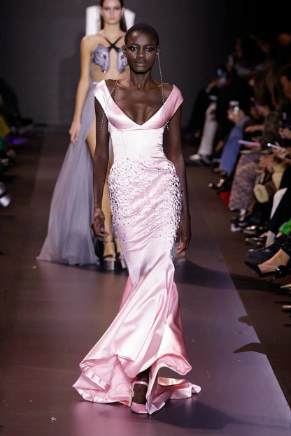 Pink Classy Mermaid Off the Shoulder Rhinestone Satin Long Prom Dress Evening Dress SH3452