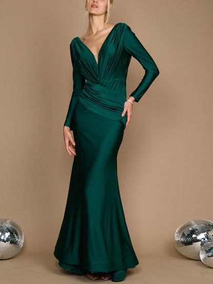 V-neck Solid Color Long Sleeves Maxi Dress