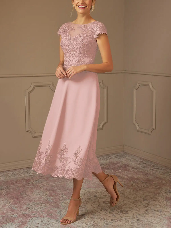 Round Neck Lace Short Sleeve Solid Color Midi Dress