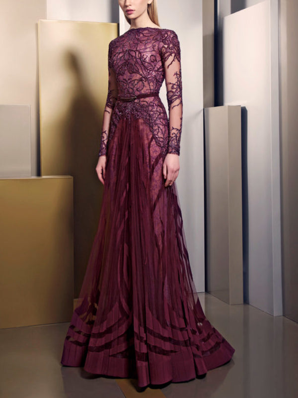 Round Neck Lace Sequin Long Sleeve Maxi Dress