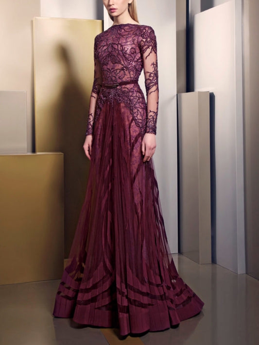 Round Neck Lace Sequin Long Sleeve Maxi Dress