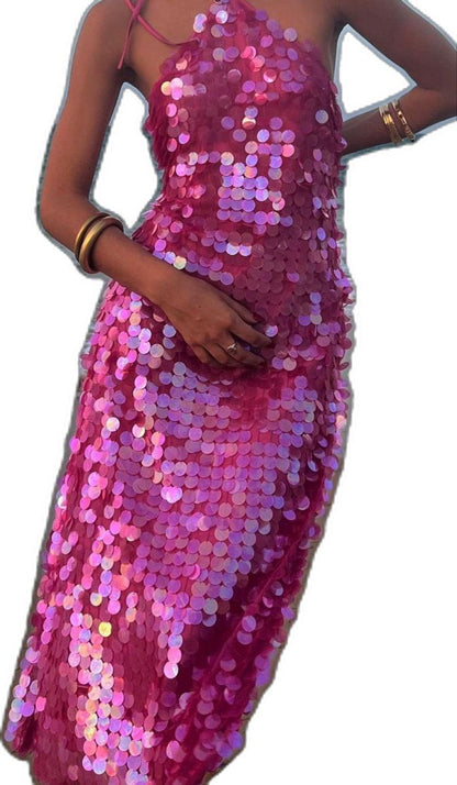 Pink Shiny Fashion Sequin Long Sling Travel Holiday/Birthday/Cocktail Party Dress gh4857