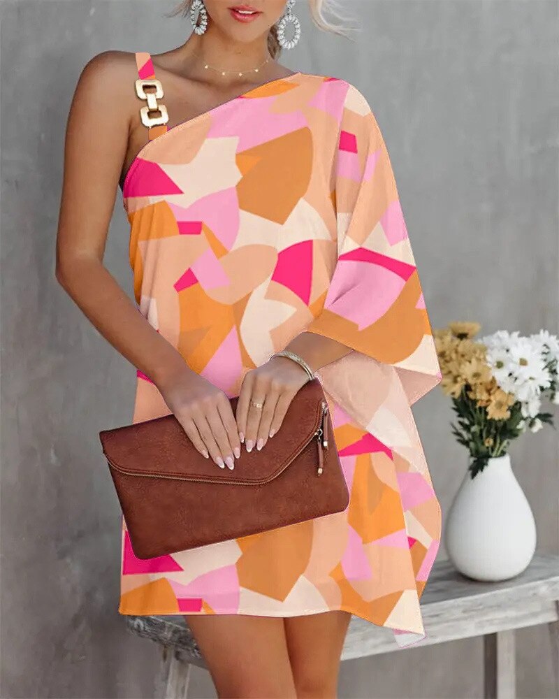 loveedsTM- Sexy One Shoulder Dress Women 2024 Fashion Printed Loose Office Mini Dresses Casual Straps Batwing Sleeve Beach Party Dresses