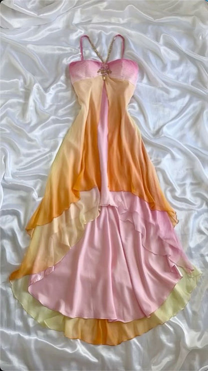 Pink Orange Elegant Fantasy Long Chiffon Ball Gown Evening Dress Party Dress Fairy Tale Dress gh3178
