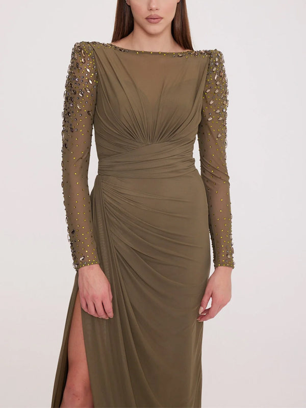 Round Neck Solid Color Sequined Chiffon Maxi Dress