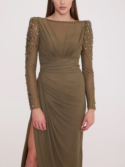 Round Neck Solid Color Sequined Chiffon Maxi Dress