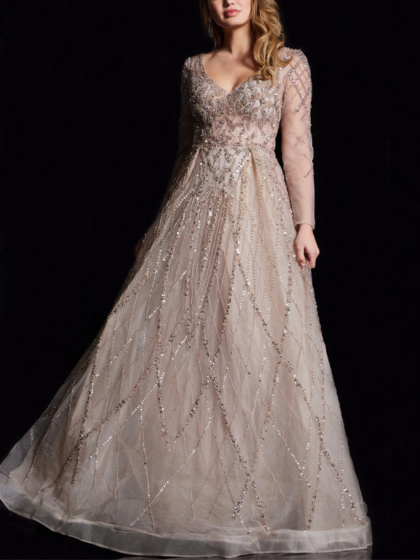 V-neck Solid Color Sequins Maxi Dress