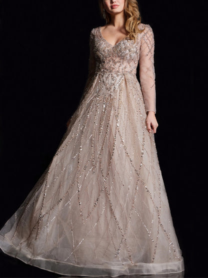 V-neck Solid Color Sequins Maxi Dress