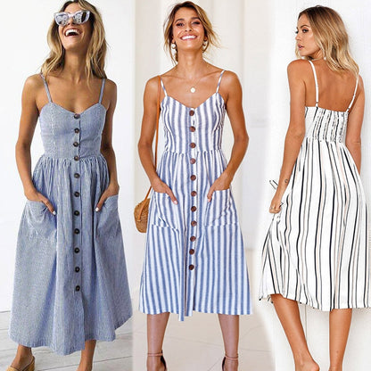 loveedsTM- Boho Sexy Floral Dress Summer Vintage Casual Sundress Female Beach Dress Midi Button Backless Polka Dot Striped Women Dress