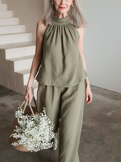 Fashion Hanging Neck Cotton Linen Women's Sets