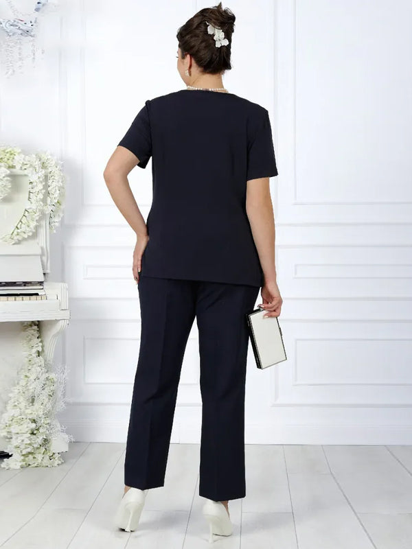 Round Neck Short-sleeved Solid Color Lace Top And Trousers Three-piece Suit