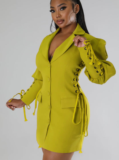 loveedsTM- Women Eyelet Lace Up Lantern Long Sleeve Single Breasted Lapel Neck Blazer Style Midi Dress for Winter Autumn Ins Tops