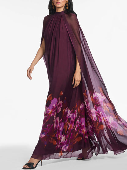 Elegant and Romantic Chiffon Printed Cape Women's Dress