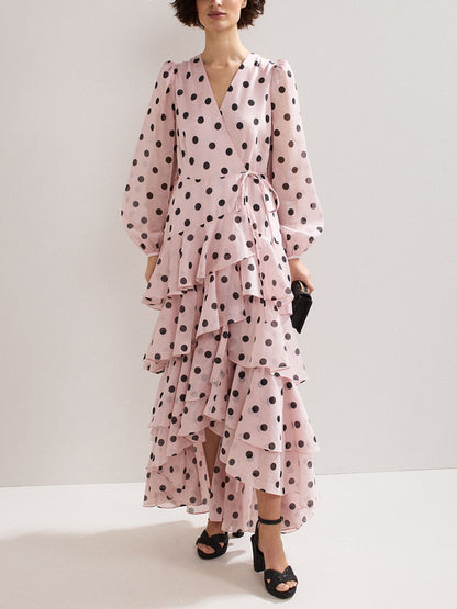 Tie-up Layered Chiffon Polka Dots Women's Dress