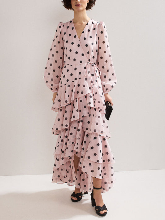 Tie-up Layered Chiffon Polka Dots Women's Dress