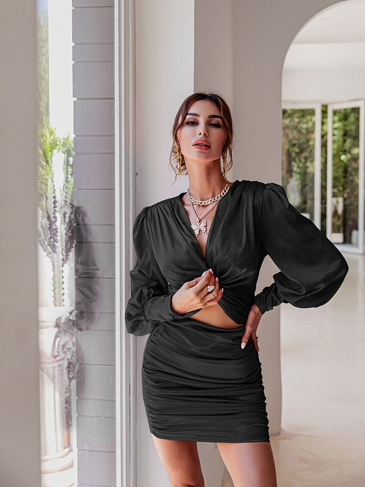 loveedsTM- Sexy deep v neck bodycon dress Party club hollow out mini dress Elegant winter autumn chic lantern sleeve satin dress