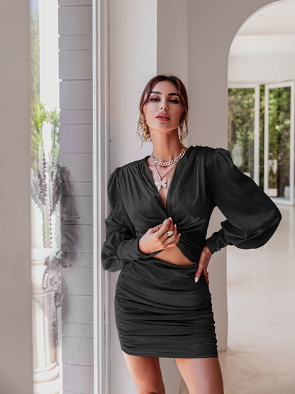 loveedsTM- Sexy deep v neck bodycon dress Party club hollow out mini dress Elegant winter autumn chic lantern sleeve satin dress