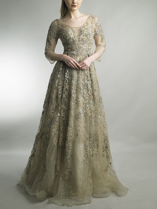 Round Neck Mesh Long Sleeves Sequins Maxi Dress