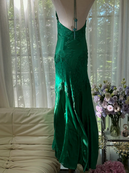 Green Gorgeous Shiny Fashion Elegant Delicate Lace Beading Long Satin Chiffon Fairy Ball Gown Evening Dress Birthday/Wedding Guest/Holiday Party Dress Prom Dress Valentine's Day Date Dress gh4037