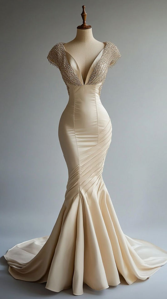 Champagne Mermaid Satin Beaded V-Neck Long Ball Dress, Elegant Evening Dress ED01345