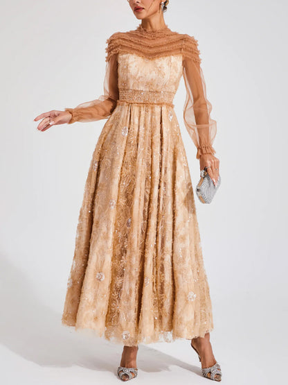 Mesh Lace Solid Color Long Sleeves Maxi Dress