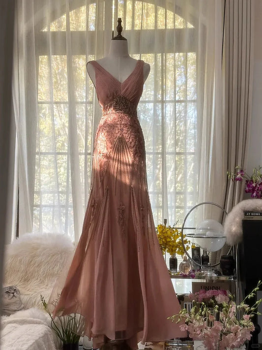 Elegant Mermaid V Neck Beaded Pink Chiffon Party Dress Evening Dress SH2882