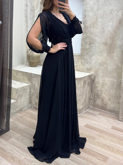 V-neck Long Sleeve Solid Color Maxi Dress