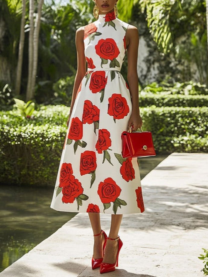 Retro Temperament Red Floral Print Women's Dress