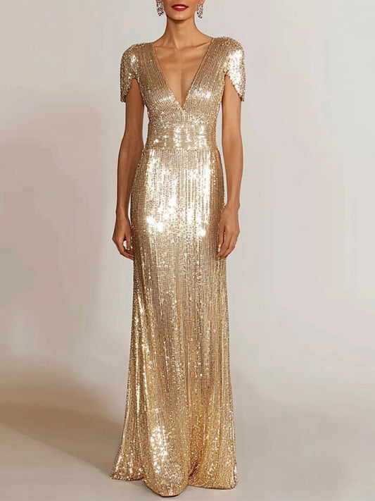 Champagne V-neck Sequins Maxi Dress