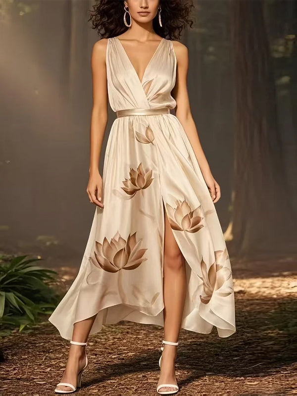 Beige V-neck Silk Printed Sleeveless Midi Dress