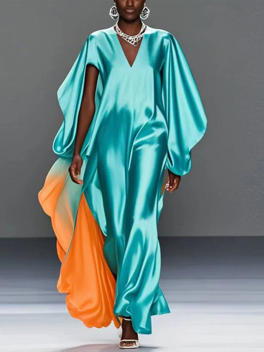 Teal V-neck Silk Maxi Dress