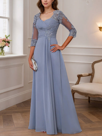 A-Line/Princess Sweetheart Neck 3/4 Length Sleeves Floor-Length Mother Of The Bride Dresses With Lace, Ruffles & Appliques