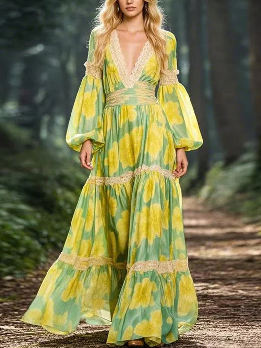 Lace Edge Temperament Print Women's Dress