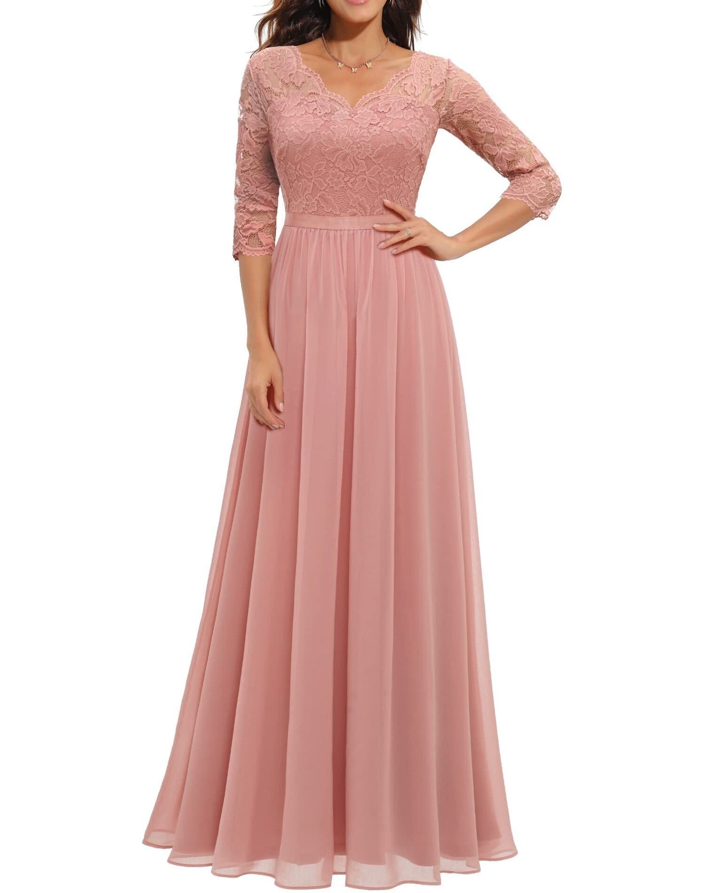 loveedsTM- Women&#39;s Elegant Vintage V Neck 3/4 Sleeve Floral Lace Chiffon Wedding Bridesmaid Maxi Dress Long Formal Dresses