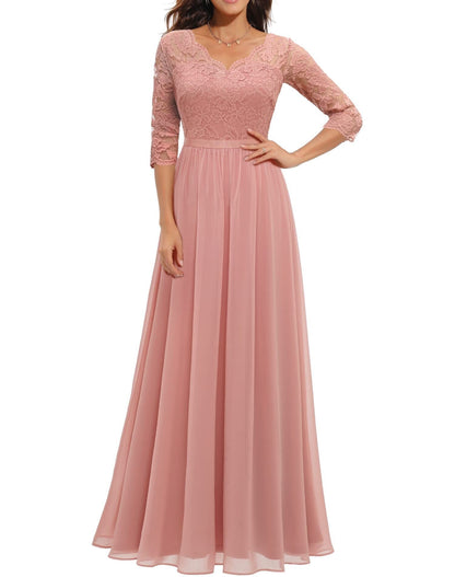 loveedsTM- Women&#39;s Elegant Vintage V Neck 3/4 Sleeve Floral Lace Chiffon Wedding Bridesmaid Maxi Dress Long Formal Dresses