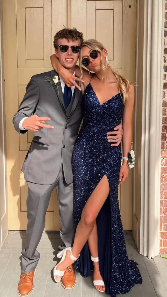 New Arrival Navy Blue Sequin Prom Dresses