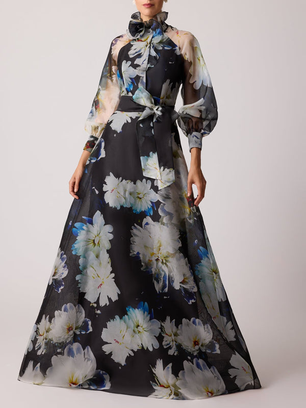 Organza Floral Printed Ruffle Neck Gown