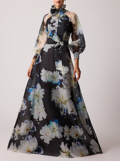 Organza Floral Printed Ruffle Neck Gown