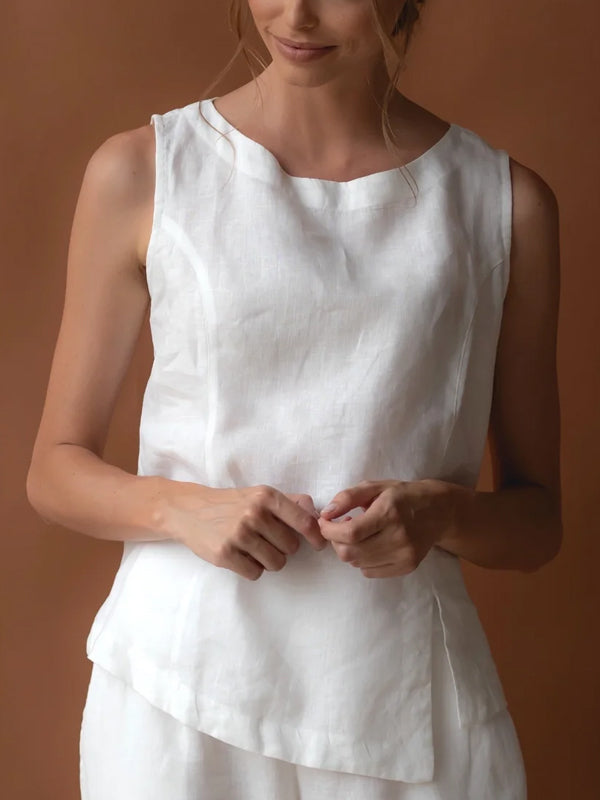 Round Neck Sleeveless Solid Color Cotton And Linen Top