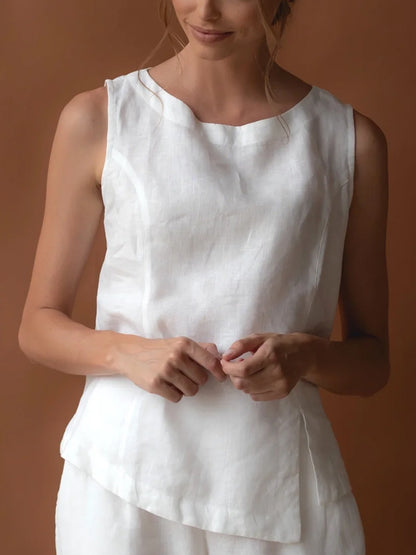 Round Neck Sleeveless Solid Color Cotton And Linen Top