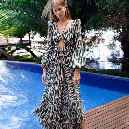 loveedsTM- Sexy V-Neck Backless Hollow Out Dress 2024 Summer Women Lantern Sleeve Club Party Long Maxi Dresses Tunic Beach Cover Up A916