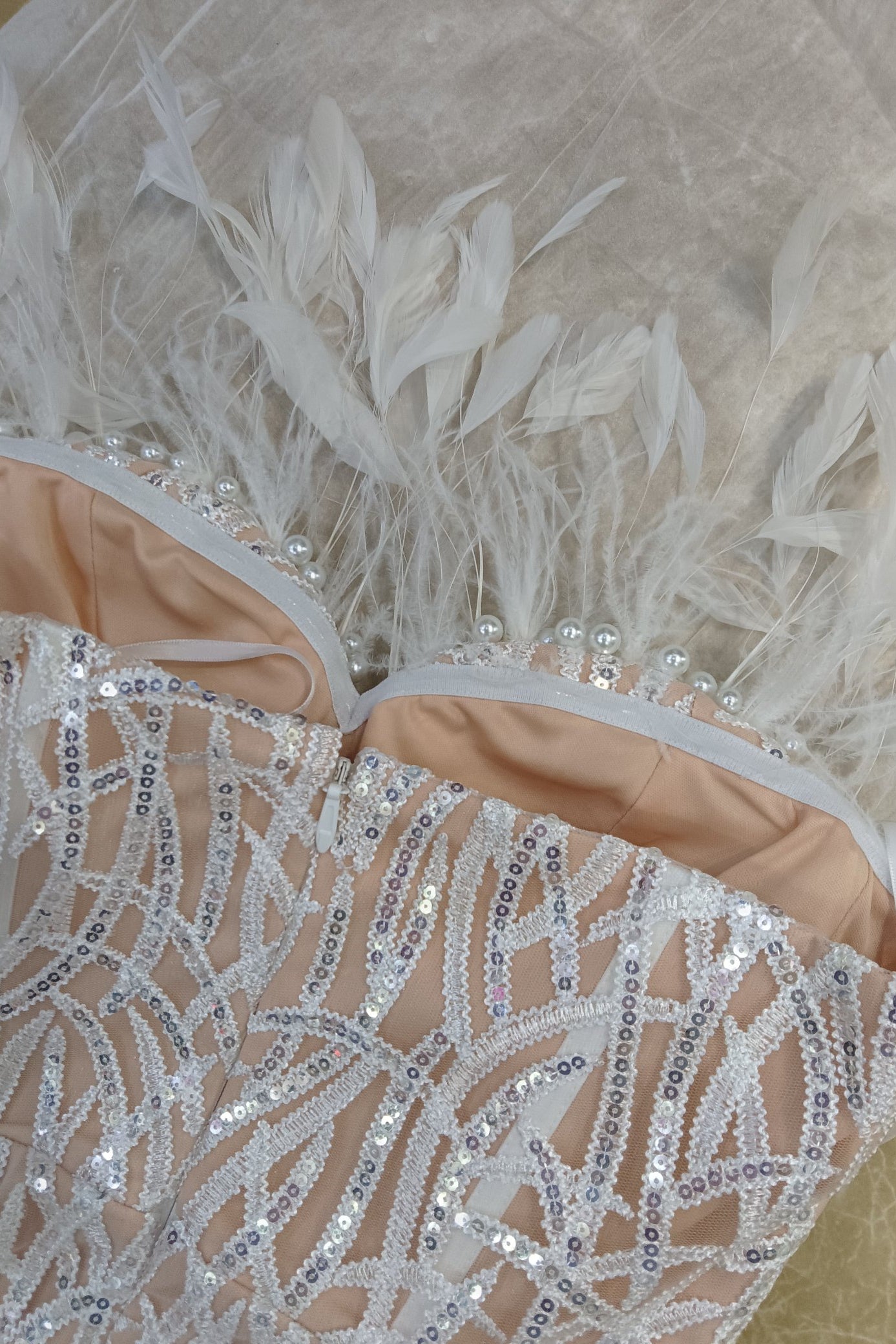 loveedsTM-White Super Heavy Ostrich Feather Dress-vx