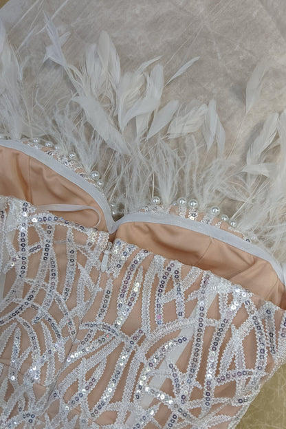 loveedsTM-White Super Heavy Ostrich Feather Dress-vx