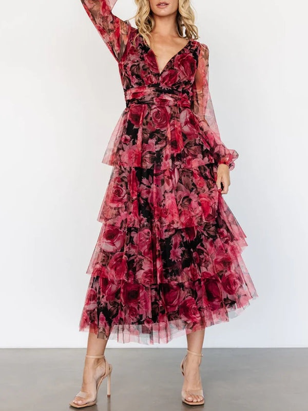 Layered Chiffon Print Maxi Dress