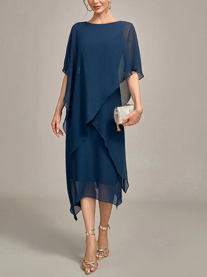 Round Neck Chiffon Solid Color Midi Dress