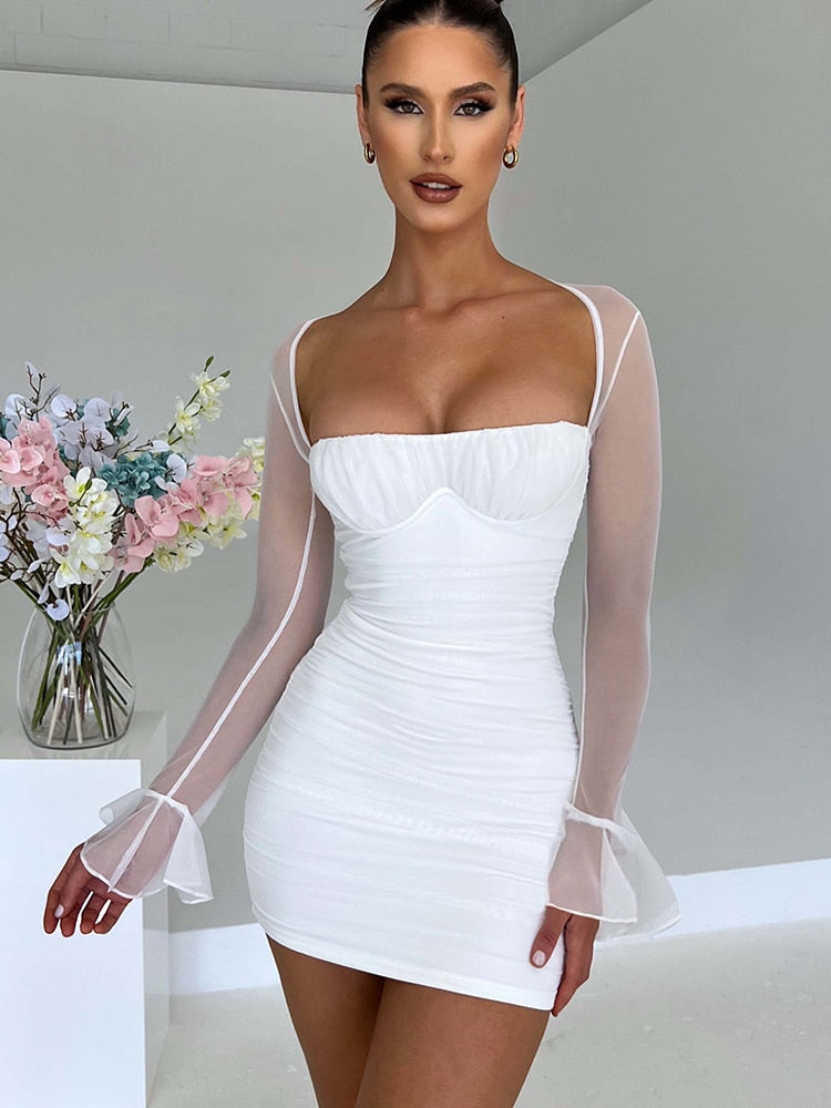 loveedsTM - Elegant Backless Sexy Mini Dress For Women Robe Two Layer Mesh Full Sleeve Zipper Bodycon Party Short Dress