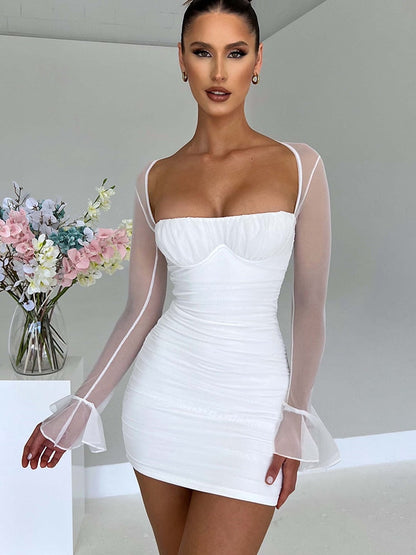 loveedsTM - Elegant Backless Sexy Mini Dress For Women Robe Two Layer Mesh Full Sleeve Zipper Bodycon Party Short Dress