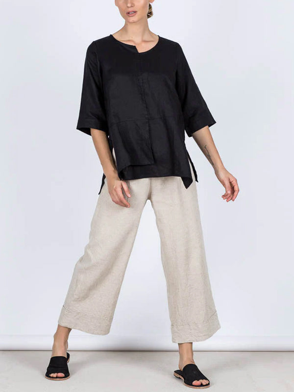 Solid Color Cotton And Linen Top