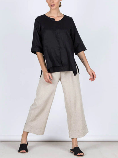 Solid Color Cotton And Linen Top
